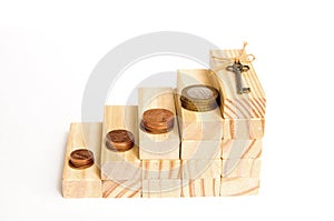 Business growth. Wooden blocks step up. Coin staircase. Concept of Savings money, Money growth, Profit business and Investment for