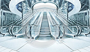 Business hall with blue vanishing escalators