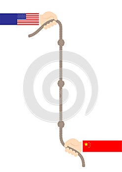 Business Hand of America and China flag pull rope knot tug of war game, Trade war and tax crisis concept design illustration