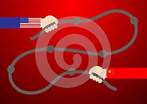 Business Hand of America and China flag pull rope knot tug of war game, Trade war and tax crisis concept design illustration