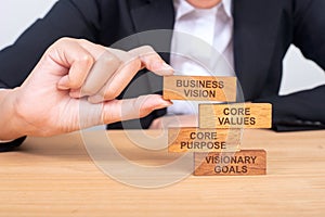 Business hand building Vision business concept with wooden block