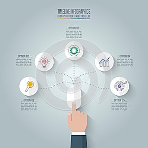 Business hand click mouse with timeline infographic 5 options.