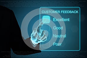 Business hand clicking customer feedback on touch screen