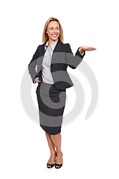 Business, hand and happy woman with palm space in studio for news, mockup or announcement on white background