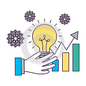 business hand holding bulb statistics chart