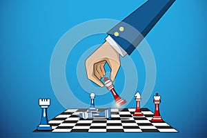 Business hand holding king chess piece to defeat rival, business concept