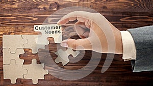 Business hand holding pieces of a jigsaw puzzle with customer needs text