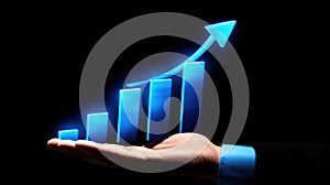 Blue 3D Bar Graph with Upward Arrow Held in Hand