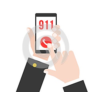 business hand holding smart phone calling police 911 from application, flat design