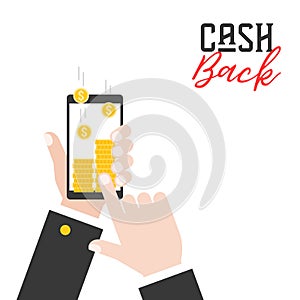 business hand holding smart phone and get cash back from application, flat design business concept for use in advertise of poster