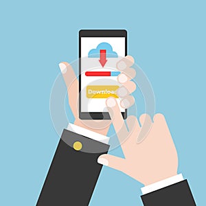 Business hand holding smart phone and touch on touch screen down