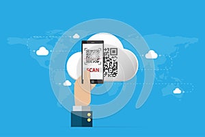 Business hand holding smartphone to scan qr code on cloud, technology and business concept