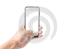 Business hand man hold mobile phone with white screen