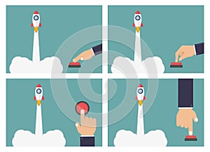 Business hand push rocket button vector
