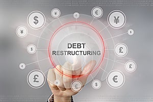 Business hand pushing debt restructuring button photo