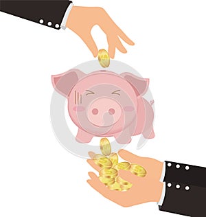 Business Hand Putting Gold Coin Into Cute Piggy Bank But Got Stolen