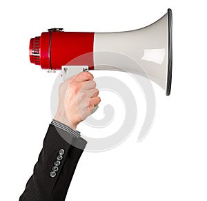 Business hand with red white bullhorn megaphone