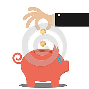 Business hand saving money in piggy bank