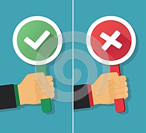 Business hand with true and false sign. Vector illustration photo