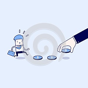 Business hand use money to entice businessman, bait or financial trap. Cartoon character thin line style vector. photo