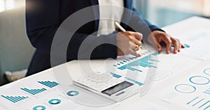 Business hands, calculator and financial data analytics, graphs or charts for revenue, profit or budget report