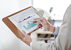 Business hands, graphs and charts documents for data analysis, financial report and increase in revenue or profit