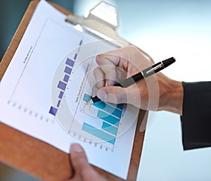 Business hands, graphs and charts documents for data analysis, financial report and increase, revenue or profit