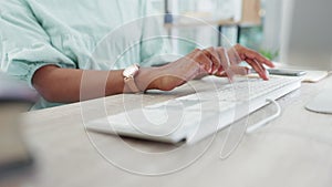 Business hands, typing and computer keyboard with woman doing research, typing email or responding to a message in the