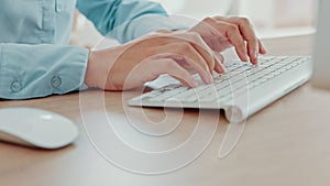 Business hands, typing email and computer keyboard on office desk with woman working on a report or proposal. Online