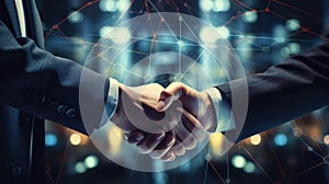 A business handshake against the backdrop of rising economic growth and global business indicators. Generative AI