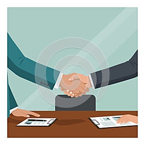 Business handshake agreement between two professionals in office setting vector illustration