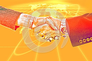 Business handshake on background with global network map