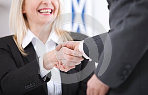 Business handshake. Business handshake and business people concept. Successful Business woman smiling friendly