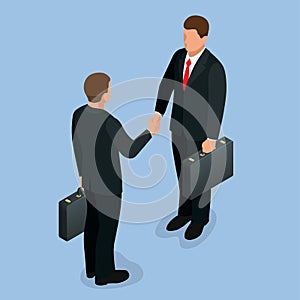 Business handshake concept. Handshake in flat style. Business deal handshake isometric vector illustration. Mans