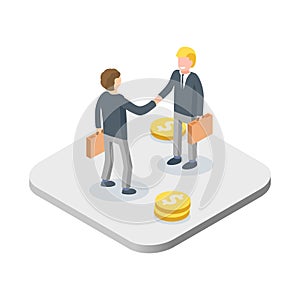 Business handshake concept. Two isometric businessmen greet or confirm a deal, handshake.