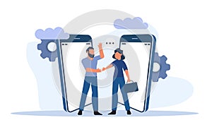 Business handshake deal illustration relationship trust teamwork job. Partner man and woman startup money job concept vector.