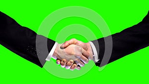 Business handshake on green screen background, partnership trust, respect sign