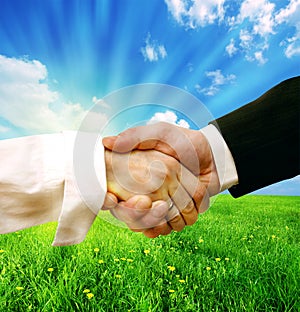 Business handshake on nature background