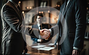 Business handshake, office background, close up, generative AI
