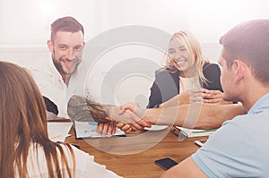 Business handshake at office meeting, contract conclusion and su