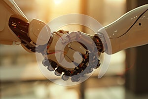 Business handshake, partnership agreement with futuristic cyborg, concept of cooperation between