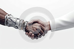 Business handshake between robot and human, partners or friends.AI generated