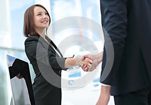 Business handshake. Two business people shaking hands in office.