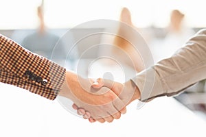 Business handshake. Two businessman shaking hands with each other outside