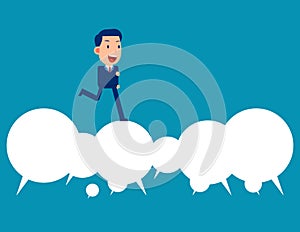 Business happy person running over speech bubble