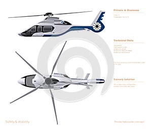 Business helicopter drawing. Top, side view of luxury copter. Isolated 3d blueprint. Private aviation. Modern vehicle