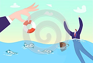 Business help for sinking man, rescue businessman crisis in sea concept, vector illustration. Finance danger, person