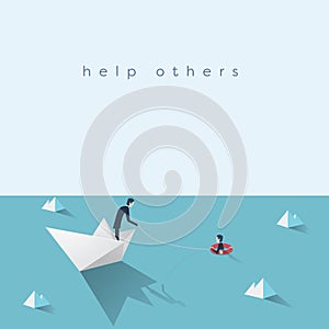Business help vector concept. Bankruptcy, government bailout symbol with businessman on paper boat and drowning man in photo