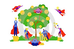 Business hero, people in superhero suits, power persons vector illustration. businessmen and businesswoman working in