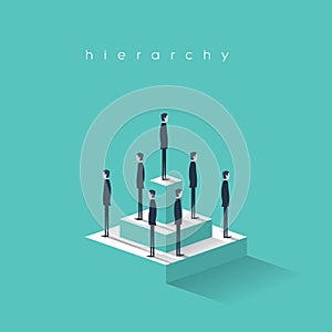 Business hierarchy in company concept with businessmen standing on a pyramid. Corporate organizational chart structure.